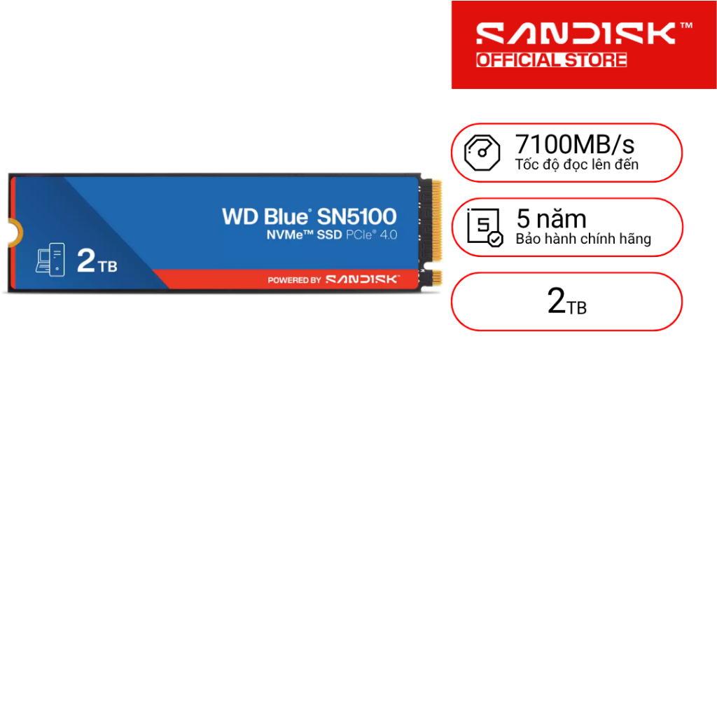 SSD gắn trong WD 500GB/1TB/2TB Blue SN5100 PCle Gen4x 4 NVMe M.2 upto 7100MB/s  - Bảo Hành 5 năm