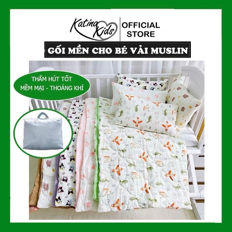 Bộ mền gối cho bé Katina Kids, vải muslin mềm mịn, thoáng mát, thấm hút tốt.