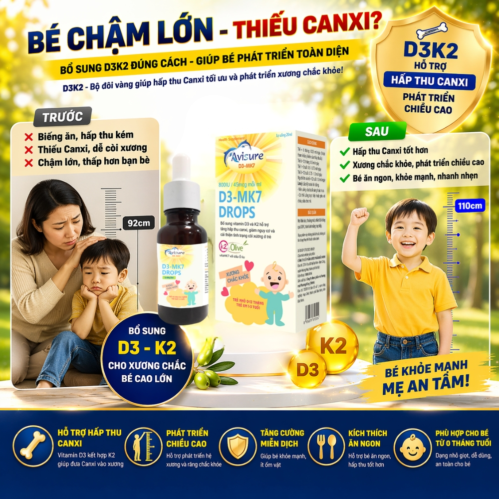 Vitamin D3 K2 Tinh Khiết Italia Avisure D3MK7 Hấp Thụ Canxi Tăng Chiều Cao Hiệu Quả Cho Bé