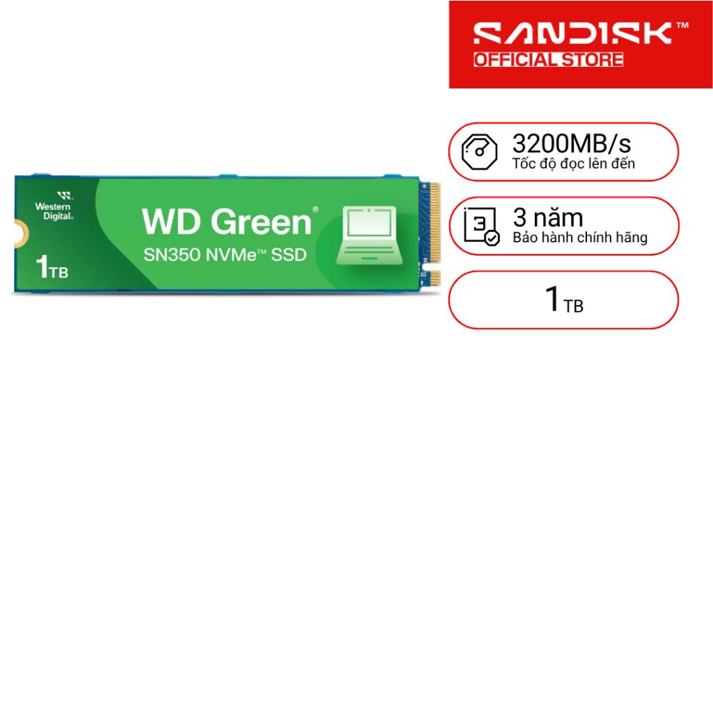 SSD gắn trong WD Green M2.2280 PCIe NVMe Gen 3 x 4 SN350 500GB / 1TB upto 3200MB/s - Bảo hành 3 năm