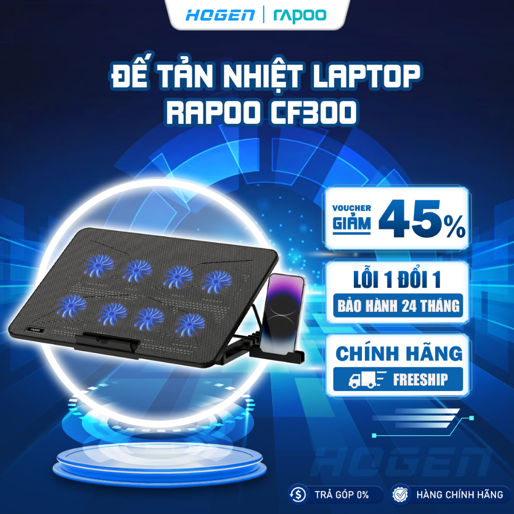 Đế Tản nhiệt Laptop Văn Phòng - Gaming Rapoo CF300 | 11"-17inch | 8 Fan | Điều chỉnh độ cao thấp | B