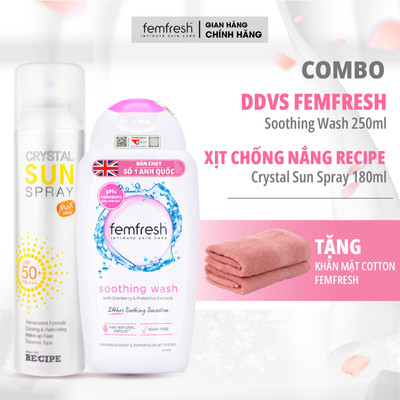 [COMBO Bảo Vệ & Làm Sạch] Dung Dịch Vệ Sinh Phụ Nữ Cao Cấp Femfresh và Xịt Chống Nắng Crytal Sun Spray Recipe