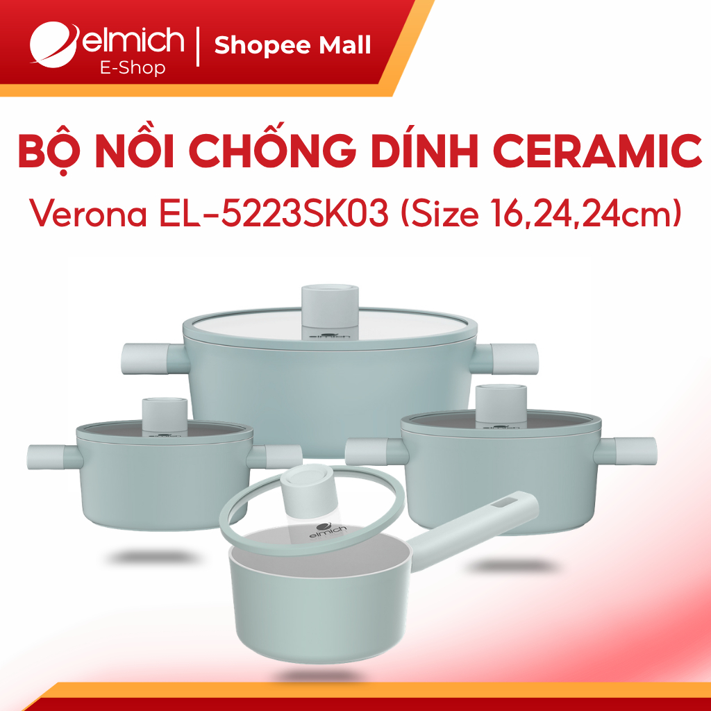 Bộ Nồi Chống Dính Ceramic Elmich Verona Cao Cấp | An Toàn Sức Khỏe, Dùng Bếp Từ, Elmich Chính Hãng
