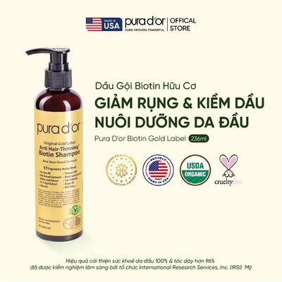[GWP] Dầu Gội Biotin Hỗ Trợ Giảm Rụng & kiềm dầu, chăm sóc da đầu Hữu Cơ PURA D'OR Biotin Gold Label 236ml