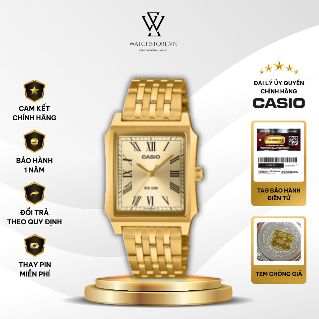 Đồng Hồ Casio Nam MTP-B190G-9BVDF Dáng Tank Mặt Kính Khoáng 41x31.5mm Chống Nước Dây Kim Loại Mạ Vàn