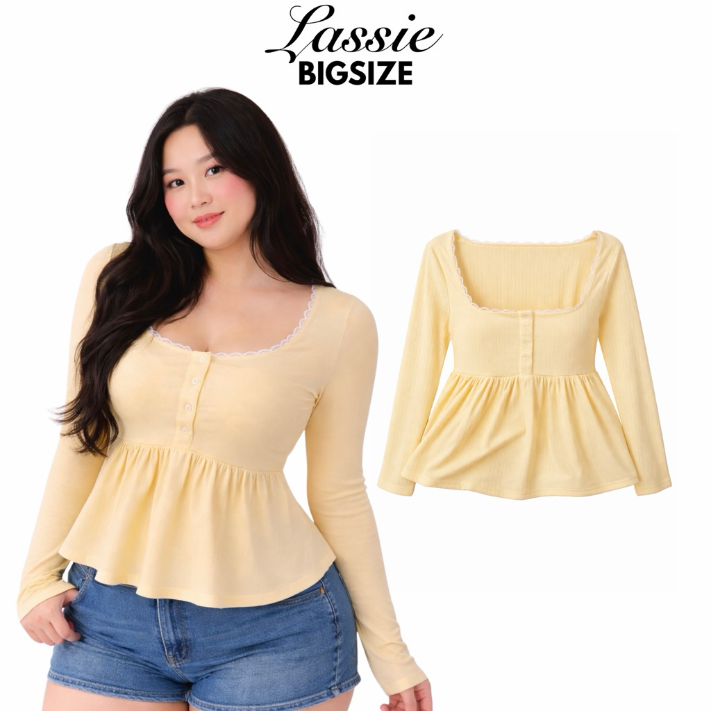 LASSIE BIGSIZE| Áo thun cổ vuông dáng babydoll bigsize (65-85kg) viền ren thun mềm mịn| Honey Top