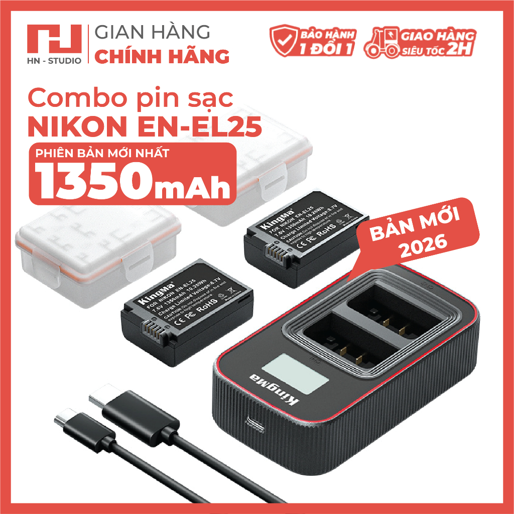 BỘ SẠC VÀ 2 PIN KINGMA EN-EL25 CHO MÁY ẢNH NIKON  Z50ii Z30 Z50 Zfc... ( BẢN MỚI 2026)