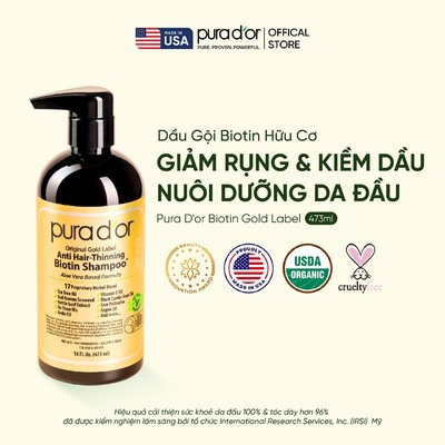 [GWP] Dầu Gội Biotin Hỗ Trợ Giảm Rụng & kiềm dầu, chăm sóc da đầu Hữu Cơ PURA D'OR Biotin Gold Label 473ml