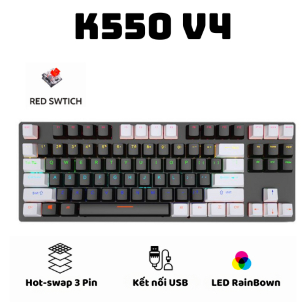 Bàn Phím Cơ Gaming GGI K550 | V4 Blue Switch | 87 Phím TKL |  LED RGB 9 Chế Độ | Chống Nước Siêu Bền