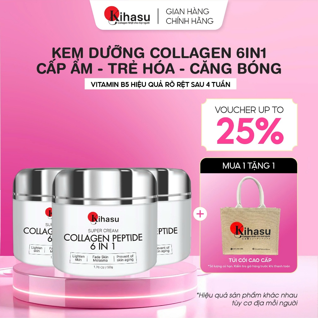Combo 3 Hũ Kem Dưỡng Kihasu Collagen Peptide 6in1 Hỗ Trợ Căng Bóng, Trẻ Hóa, Cấp Ẩm Cho Làn Da