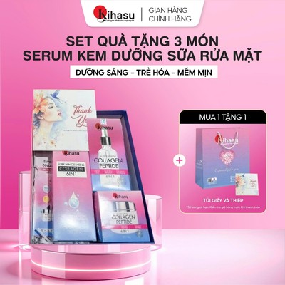 Set Quà Tặng Mẹ Kihasu Ngừa Lão Hóa, Sáng Da Mịn Màng với Kem Dưỡng Serum Sữa Rửa Mặt  Collagen 6in1 Size Lớn