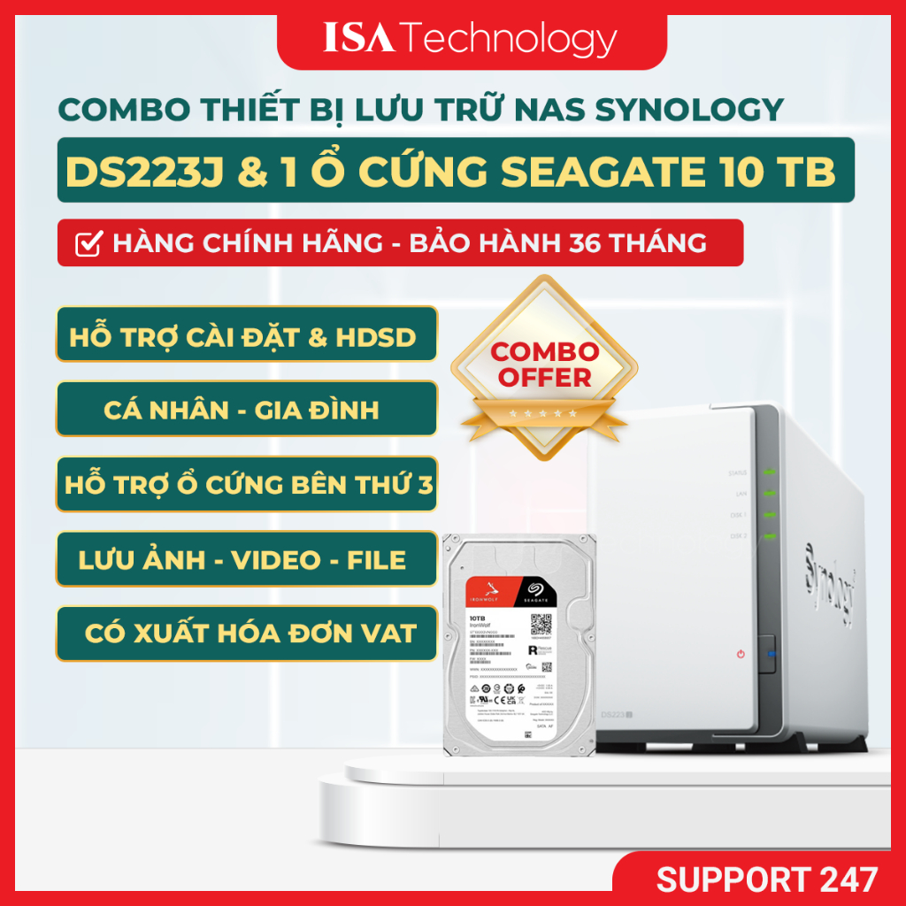 [Combo] NAS Synology DS223j +1 Ổ cứng Seagate IronWolf 10TB ST10000VN000 7200RPM  cá nhân gia đình