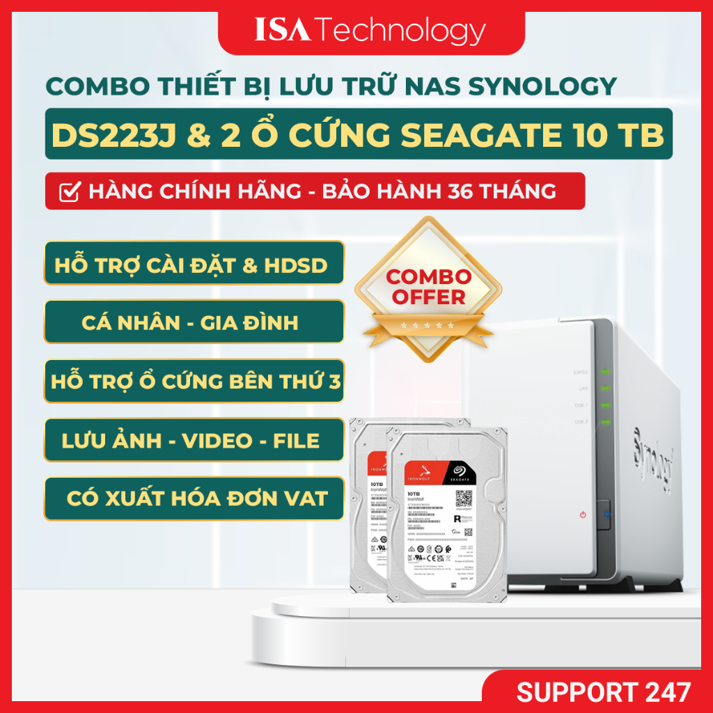 [Combo] NAS Synology DS223j + 2 Ổ cứng Seagate IronWolf 10TB ST10000VN000 7200RPM cá nhân gia đình