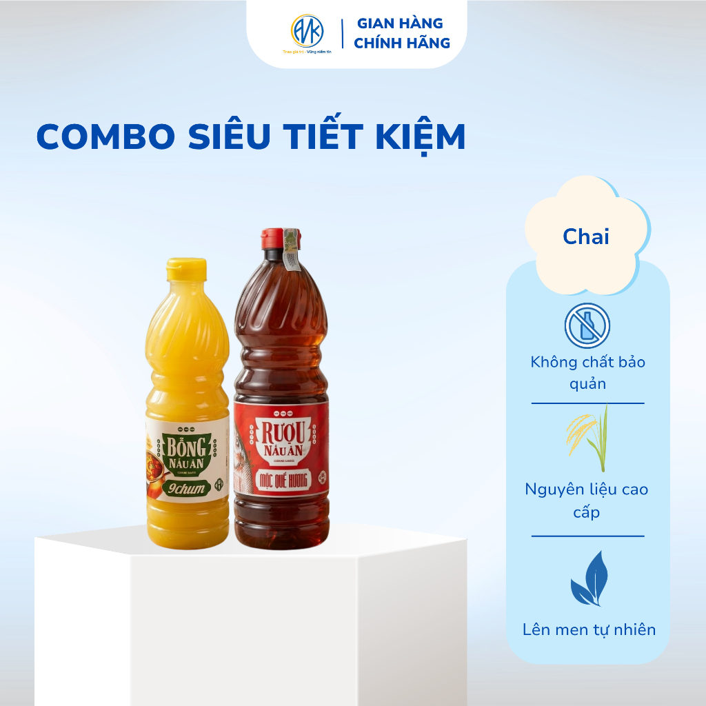 Combo 1 Chai Rượu Nấu Ăn Mộc Quế Hương Chai 1L Và 1 Giấm Bỗng Nấu Ăn Chai 750ML 9Chum