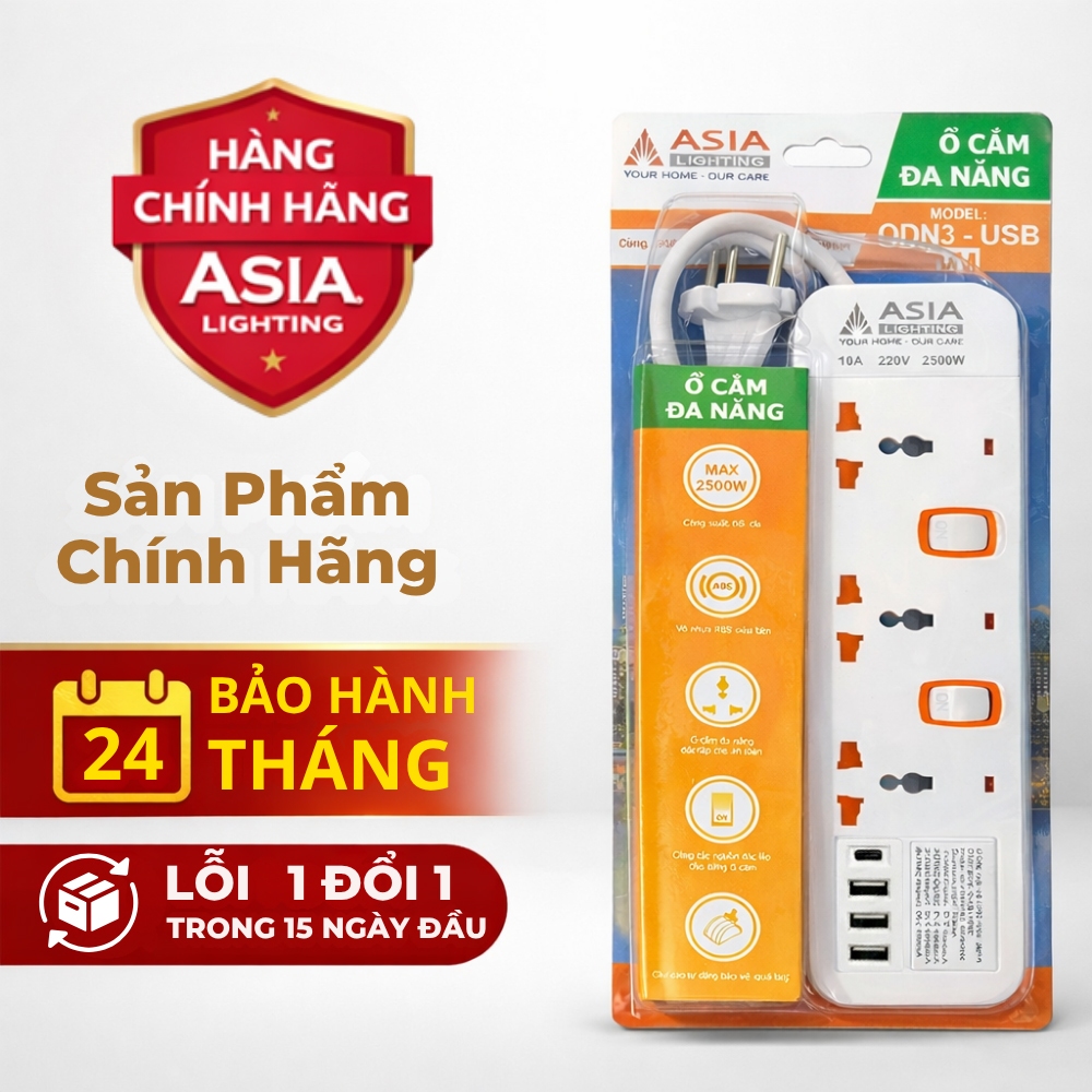 Ổ Cắm Điện Đa Năng Asia Lighting Có USB Dây Dài 3M 5M Công Suất 2500W Chống Quá Tải An Toàn