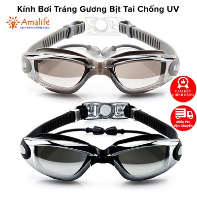 Kính Bơi Người Lớn, Kính Bơi Trẻ Em Tráng Gương Chống Tia UV Có Gắn Bịt Tai Silicone Tặng Bịt Mũi, Bịt Tai Rời Amalife