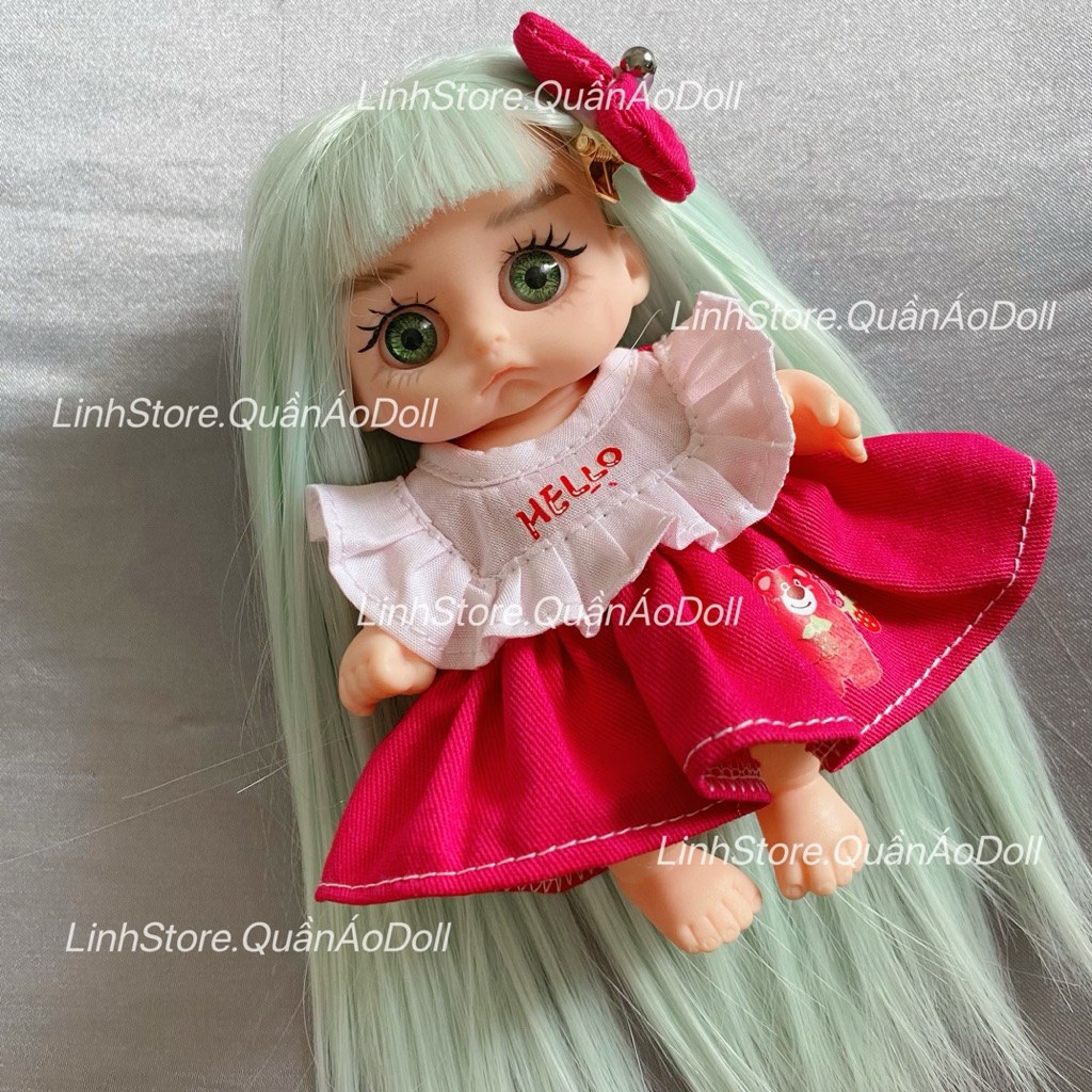 [Quần áo búp bê] ĐẦM XÒE GẤU DÂU DỄ THƯƠNG DOLL 5IN