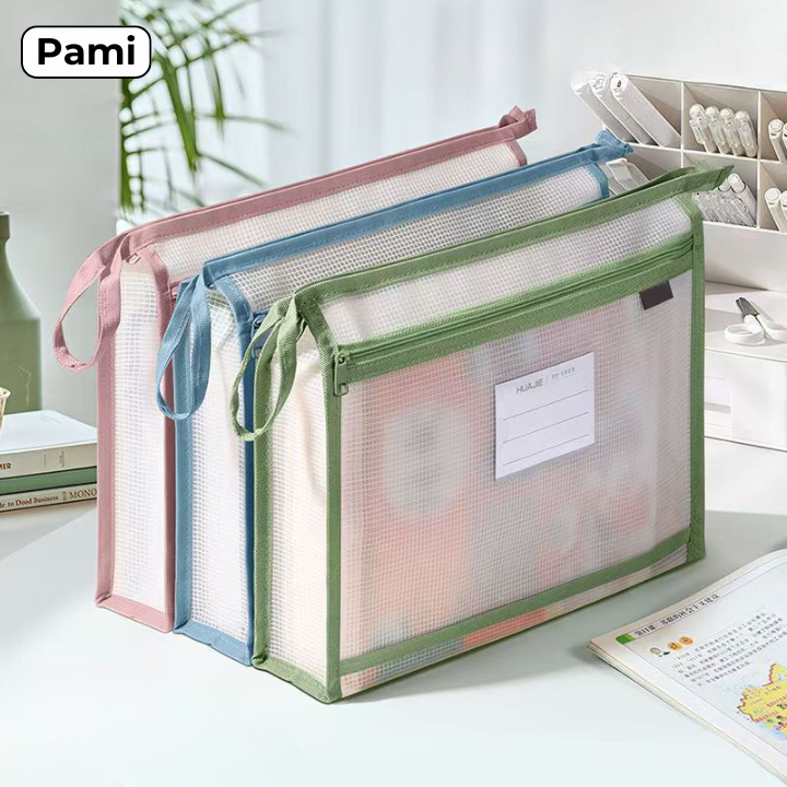 Túi Đựng Tài Liệu A4 Khóa Kéo Pami Home, Túi Hồ Sơ Lưới Chống Nước, Nhiều Màu Tiện Lợi