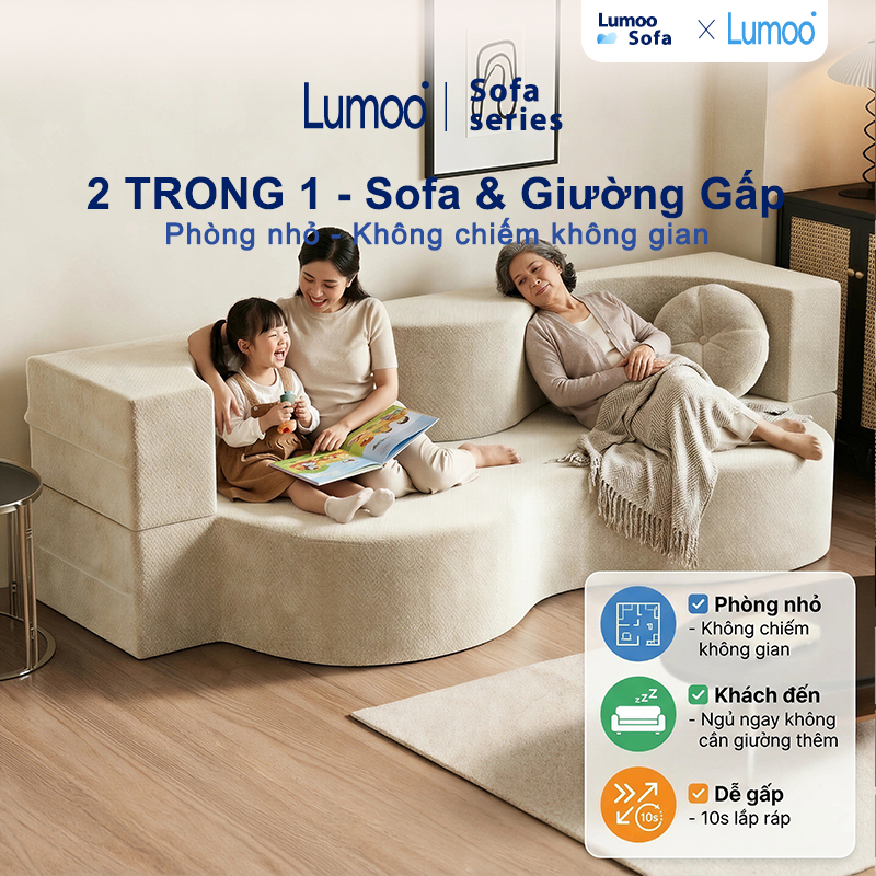 [2 trong 1 ngồi nằm] LUMOO Sofa Giường Gấp Gọn 1m8 Nén Chân Không, Dễ chuyển Cho Căn Hộ, Phòng Khách