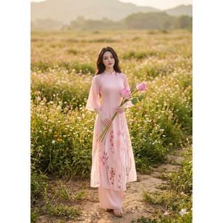 Áo dài dài Organza (quần+áo) trắng hồng