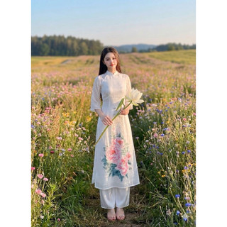 Áo dài dài Organza (quần+áo) trắng hồng