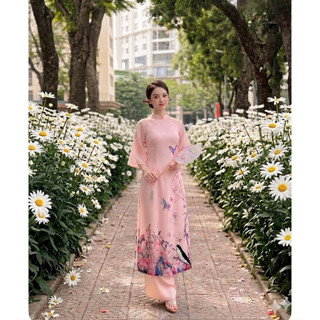 Áo dài dài Organza (quần+áo) trắng hồng