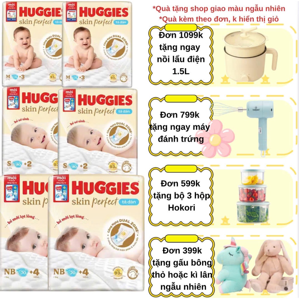 Tã dán sơ sinh Huggies Skin perfect Nb70+4/ S80+2 /M76+3 Date luôn New Quà gói kèm theo đơn không hiện thị giỏ