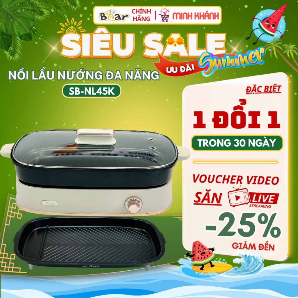 Nồi lẩu Bear SB-NL45K - Có 2 khay đi kèm, nhiều chức năng: chiên, nướng, lẩu, nấu, hầm, ninh,....