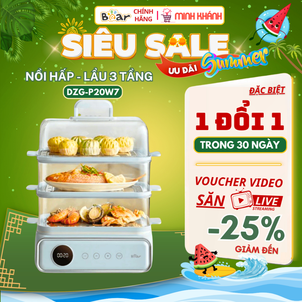 Nồi hấp Bear DZG-P20W7 -4 tầng, Ăn lẩu được,1200W, 21,5L, 6 Chế Độ Nấu Hẹn Giờ, Không Mùi An Toàn