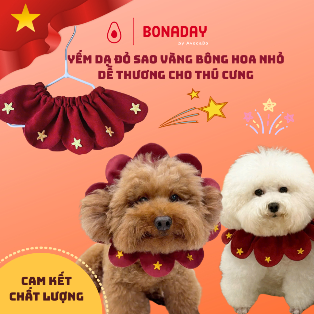 YẾM DẠ ĐỎ SAO VÀNG BÔNG HOA NHỎ DỄ THƯƠNG CHO THÚ CƯNG , yếm 30/4, may thủ công, BONADAY PETS