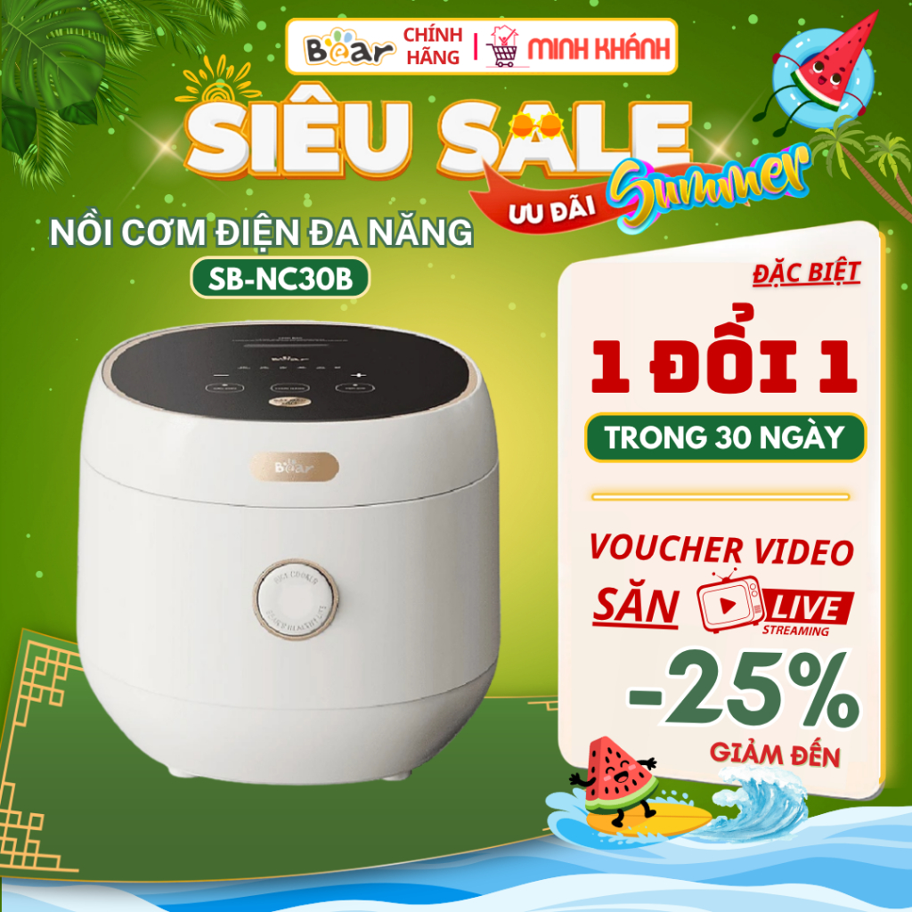 Nồi cơm điện Bear SB-NC30B - Lòng nồi dày, 1,2 Lít, nhiều chế độ nấu, hẹn giờ, Mô phỏng bếp củi