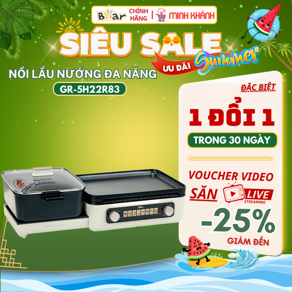 Nồi lẩu nướng đa năng Bear GR-5H22R83 - 2100W, Điều khiển 2 vùng độc lập, Lẩu Nướng 2 in1, Gọn gàng
