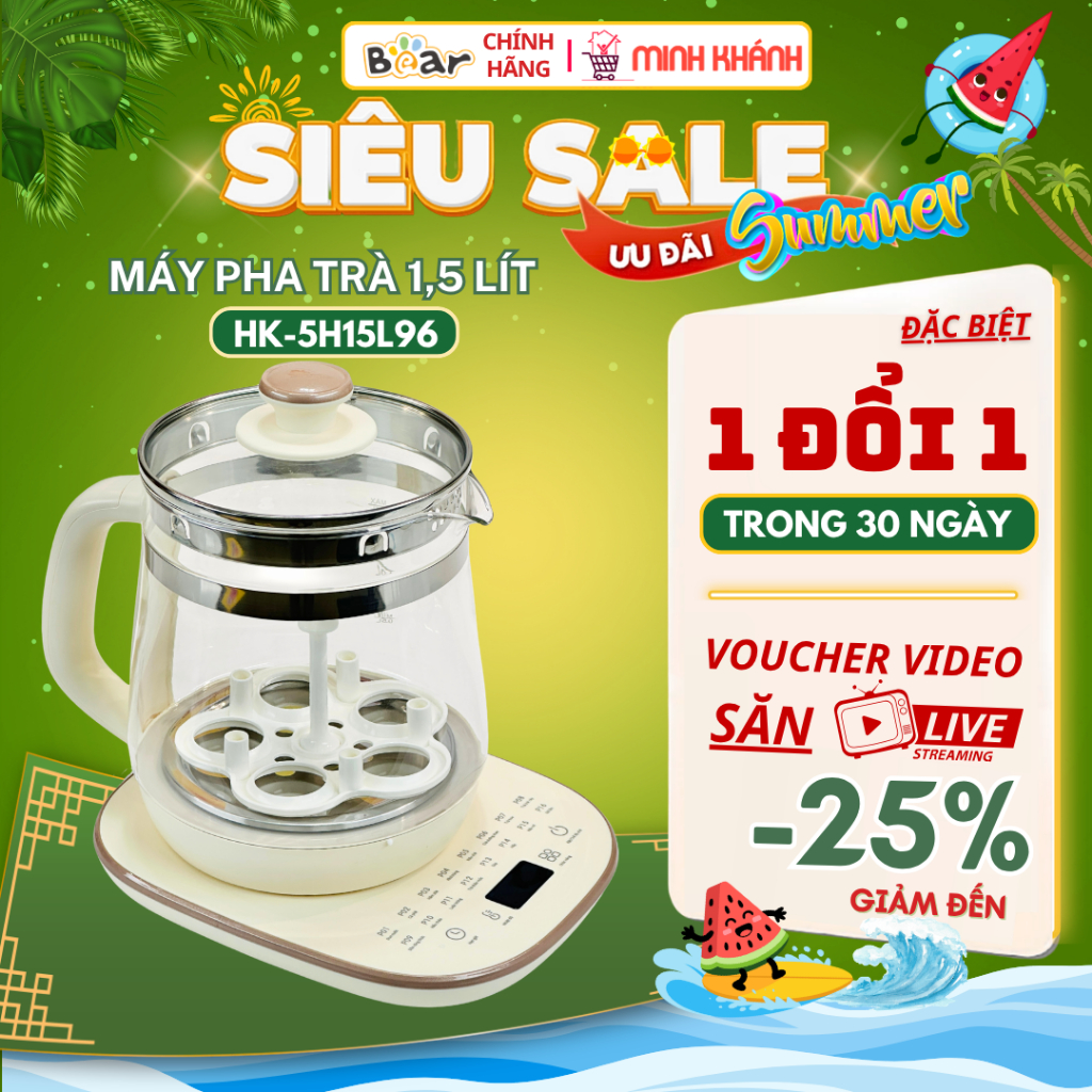 Bình pha trà Bear 1.5L HK-5H15L96 - Thuỷ tinh an toàn, 16 Chức năng, Hẹn giờ tiện lợi, Pha trà ngon
