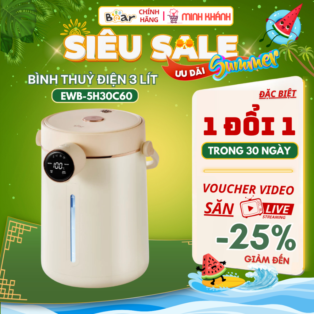 Bình thuỷ điện Bear 3L EWB-5H30C60 - 3 Lít, 11 mức nhiệt độ, Khử Clo, Lòng inox an toàn tuyệt đối.