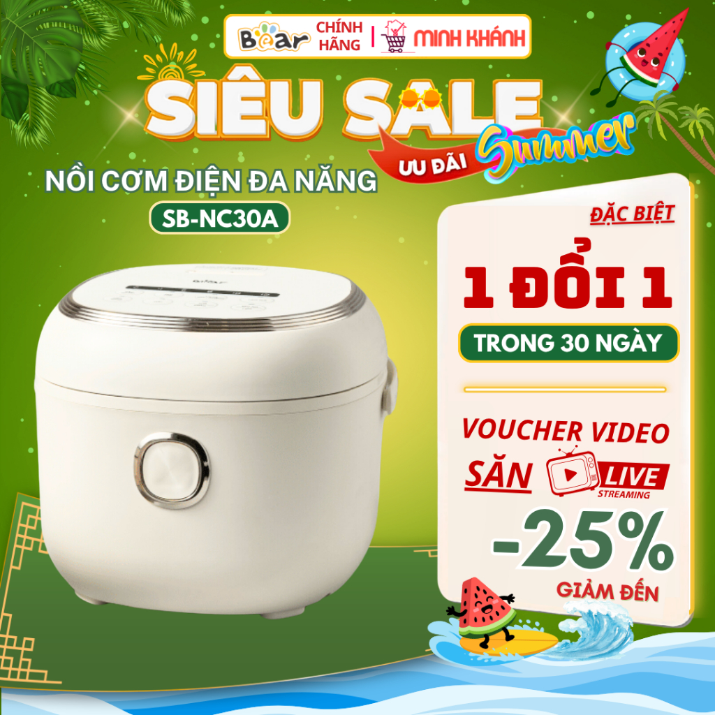 Nồi cơm điện Bear SB-NC30A - 1,6 Lít , 6 chức năng nấu, lòng nồi dày, Chống dính cao cấp, Hẹn giờ