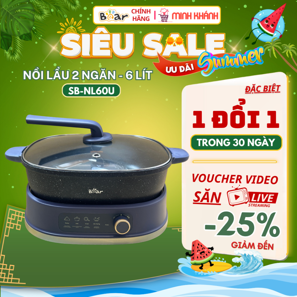 Nồi lẩu nướng đa năng Bear SB-NL60U - 2 Ngăn, 6 Lít, chống dính tì hưu, Nhiều chế độ nấu dễ dùng