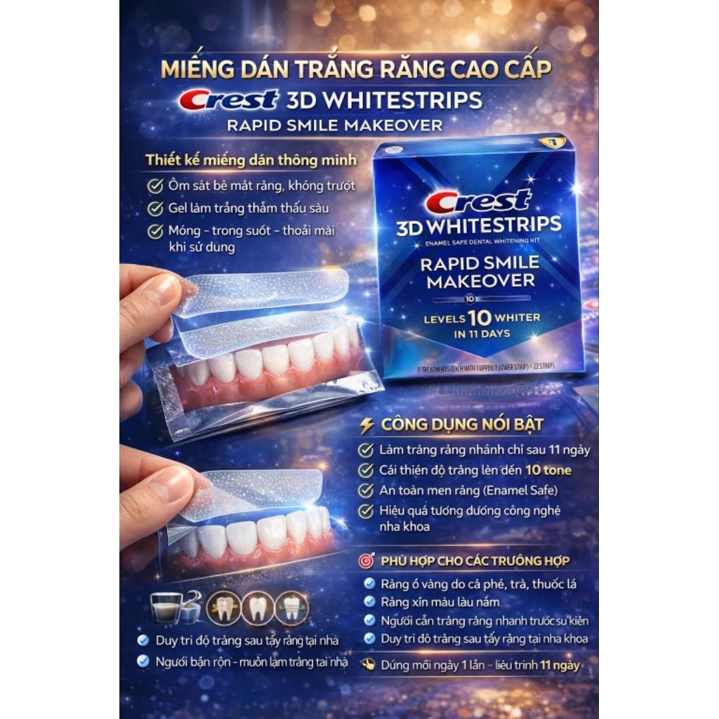 Crest 3D Whitestrips Rapid Smile Makeover, một bộ dụng cụ làm trắng răng tại nhà.