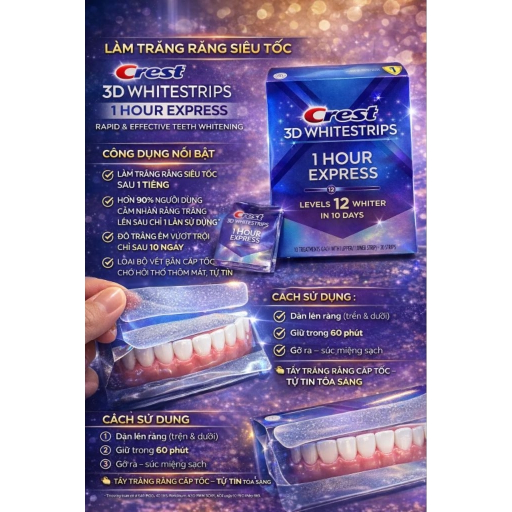Crest 3D Whitestrips 1 Hour Express Dental Whitening Kit 12 cấp độ trong 10 ngày