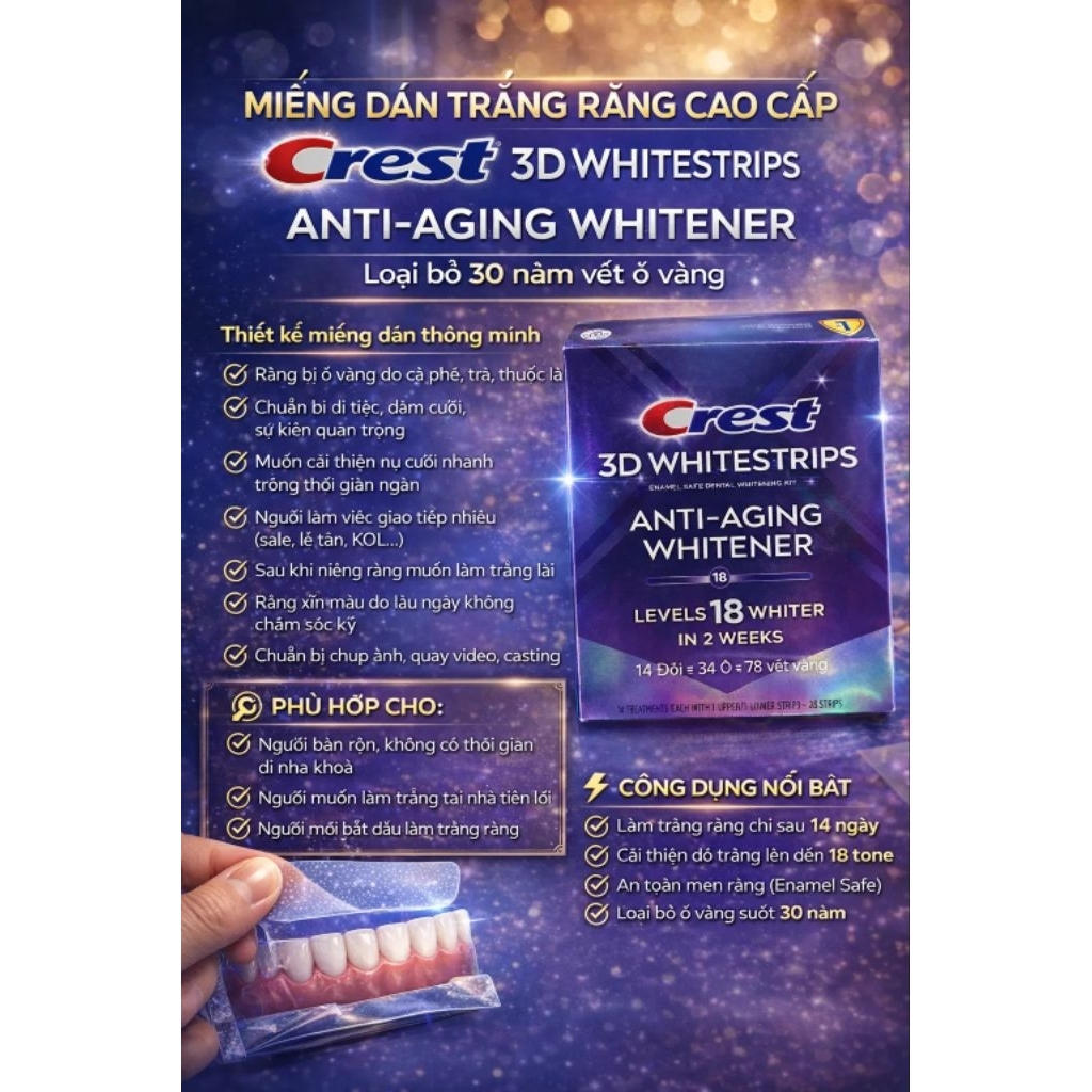 Crest 3D Whitestrips Anti-Aging Whitener Giúp răng trắng hơn tới 18 cấp độ