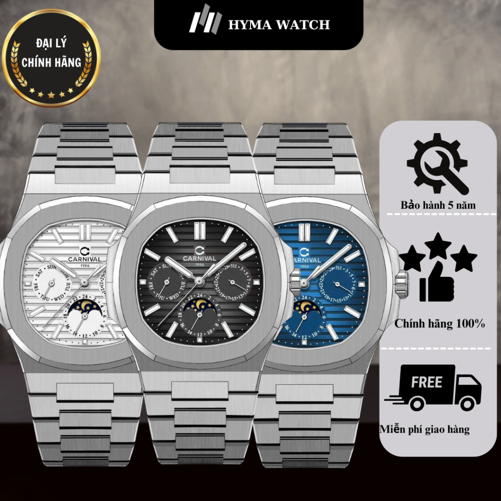 Đồng hồ Nam Carnival 8179G Dây thép máy cơ kính sapphire Bảo hành 5 năm Hyma Watch
