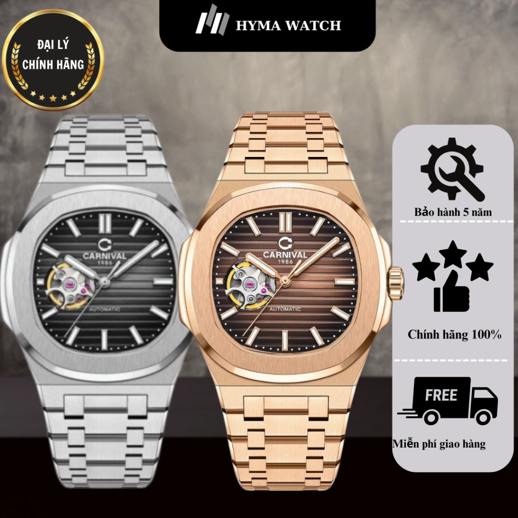 Đồng hồ Nam Carnival 8128G Dây thép máy cơ kính sapphire Bảo hành 5 năm Hyma Watch