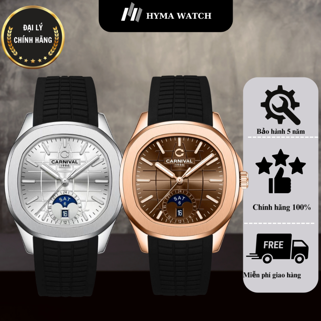 Đồng hồ Nam Carnival 8113G Máy cơ bản dây cao su Bảo hành 5 năm Hyma Watch