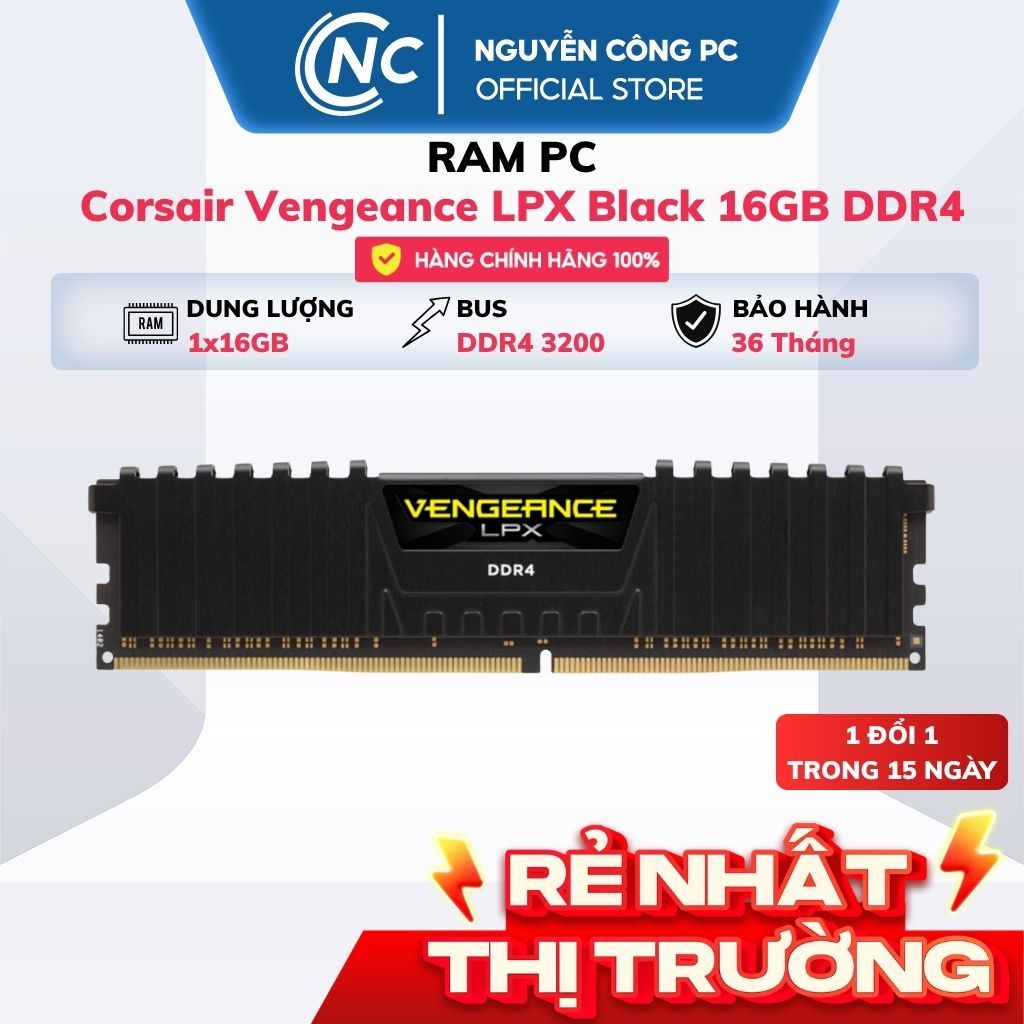 RAM Corsair Vengeance LPX Black 16GB DDR4 (1 x 16GB) 3200MHz - BH 36 tháng