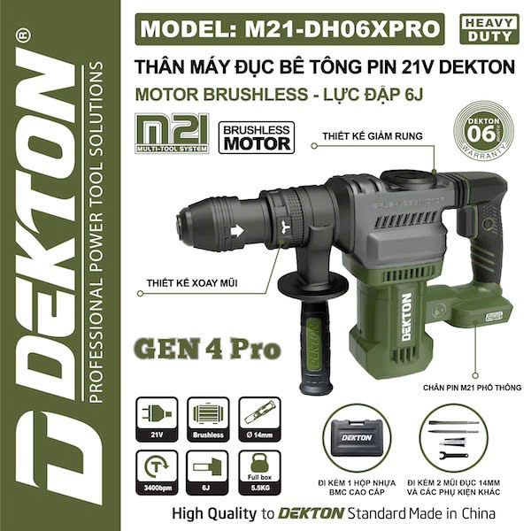 Máy Đục Bê Tông Pin DEKTON M21-DH06XPRO, Gen 4 Pro , Động Cơ Không Chổi Than, Lực dập 6J, Bảo Hành 1