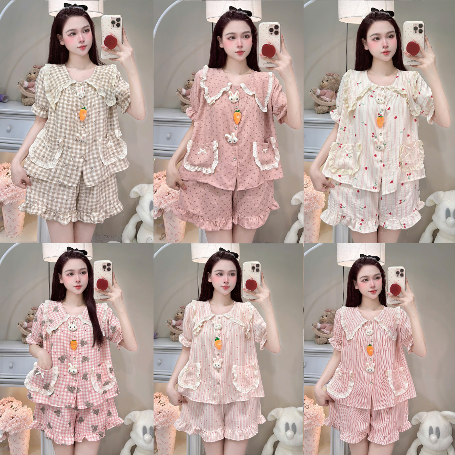 [DEAL MỞ BÁN] Bộ Đồ Ngủ Nữ JUSOKA Pijama DU46 Cổ Sen Ren Trắng Chất Liệu Đũi Vân Mây Đính Thỏ Cà Rốt