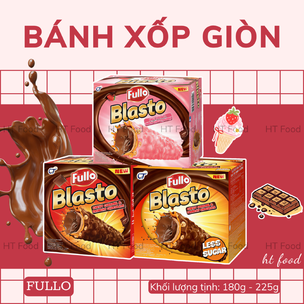 HT Food | Bánh xốp phủ caramel dẻo dai cùng bánh quế giòn Fullo Blasto vị socola / dâu