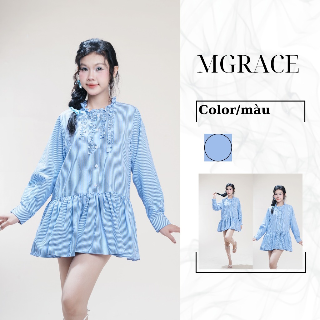 Đầm Babydoll Mila Tiểu Thư MGRACE Sọc Xanh Trắng - Váy Dáng Suông Nhún Tầng Chất Kate Cao Cấp