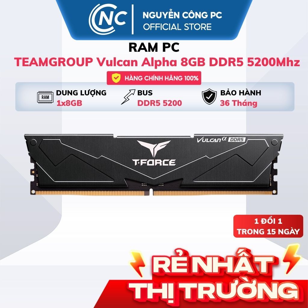 RAM TEAMGROUP Vulcan Alpha 8GB (1x8GB) DDR5 5200Mhz (Đen) - BH 36 tháng