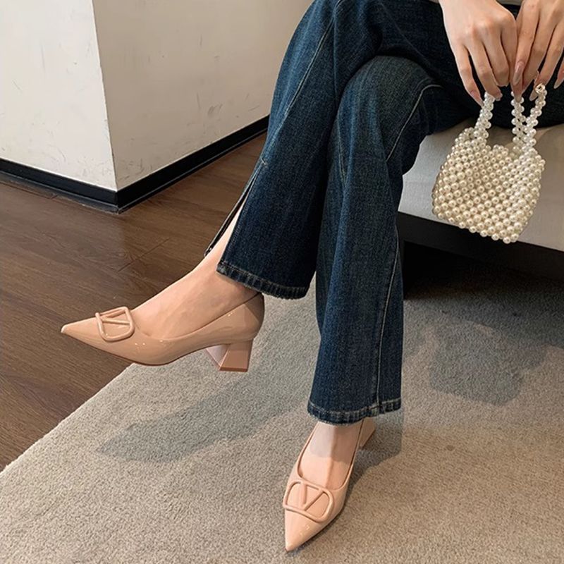 High Heels - Commuter Pointed Coarse Straw Shoes for Women Naked Color V-Buckle Soft Leather High He