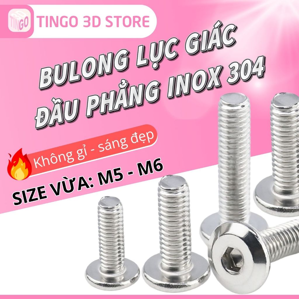 Set 5-10 Bulong lục giác Đầu Phẳng Inox 304 Size Vừa M5, M6, Ôc vít Đầu Phẳng không gỉ (dài 6 - 80mm